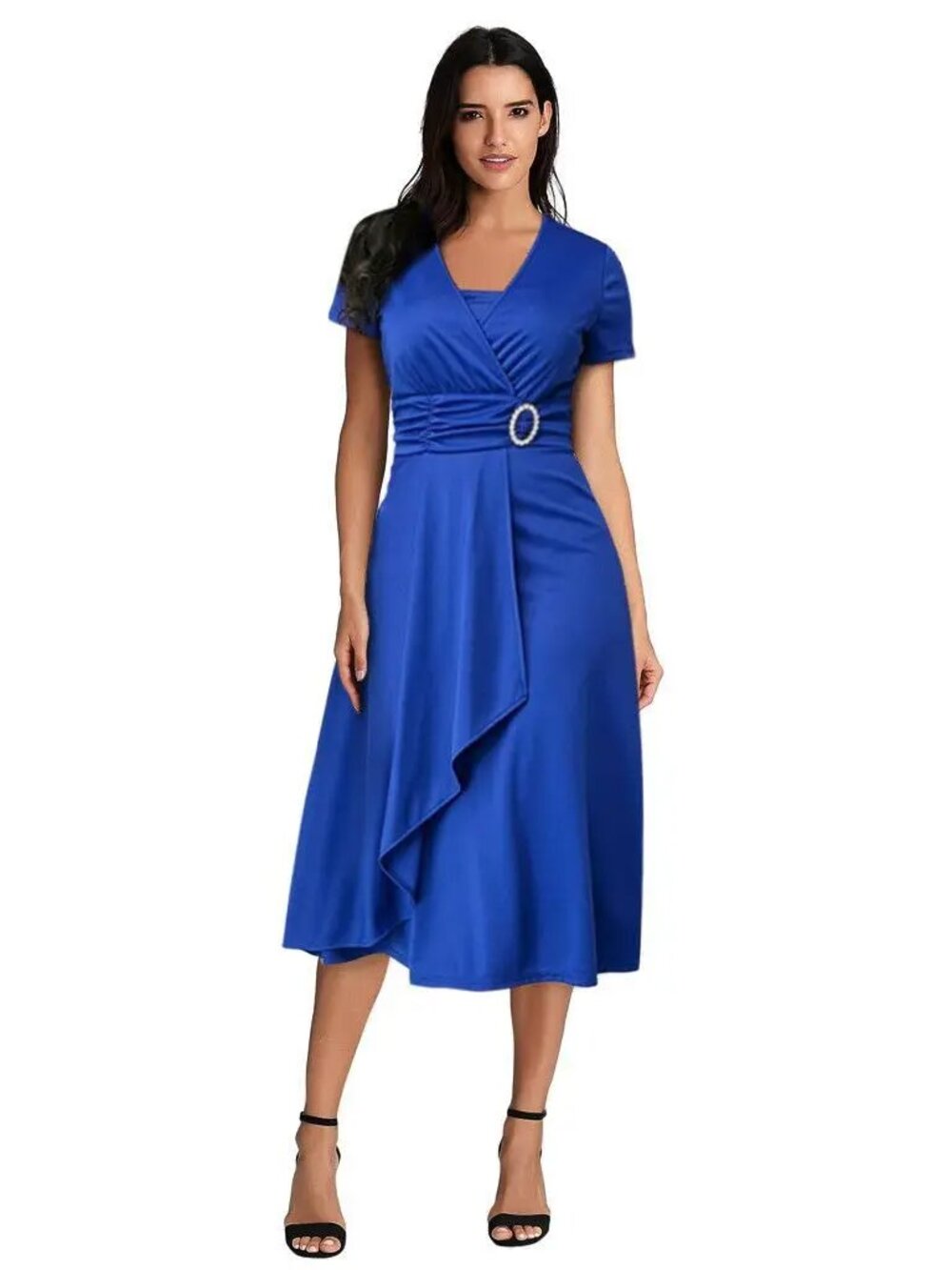Brand New Elegant Woman Short Sleeve Neck Asymmetrc Hem Dress